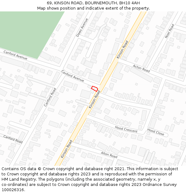 69, KINSON ROAD, BOURNEMOUTH, BH10 4AH: Location map and indicative extent of plot