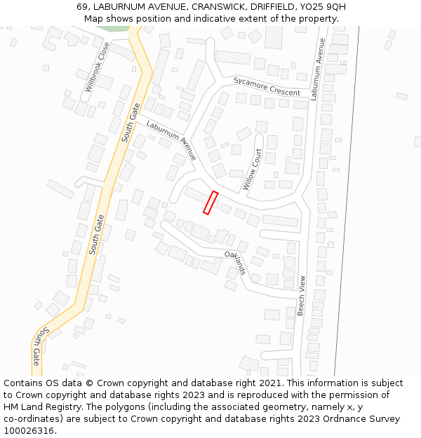 69, LABURNUM AVENUE, CRANSWICK, DRIFFIELD, YO25 9QH: Location map and indicative extent of plot