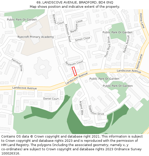 69, LANDSCOVE AVENUE, BRADFORD, BD4 0NQ: Location map and indicative extent of plot
