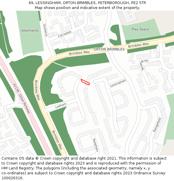 69, LESSINGHAM, ORTON BRIMBLES, PETERBOROUGH, PE2 5TR: Location map and indicative extent of plot