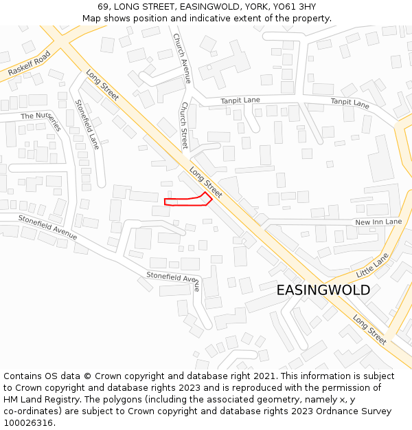69, LONG STREET, EASINGWOLD, YORK, YO61 3HY: Location map and indicative extent of plot