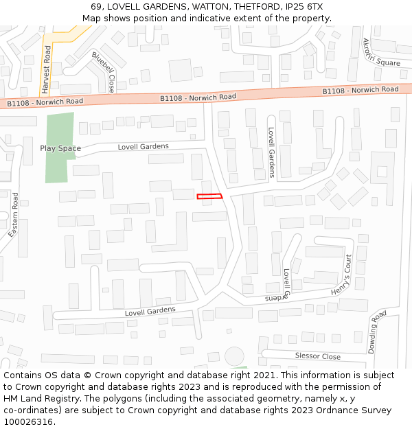 69, LOVELL GARDENS, WATTON, THETFORD, IP25 6TX: Location map and indicative extent of plot