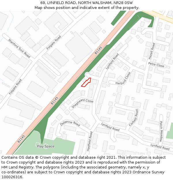 69, LYNFIELD ROAD, NORTH WALSHAM, NR28 0SW: Location map and indicative extent of plot