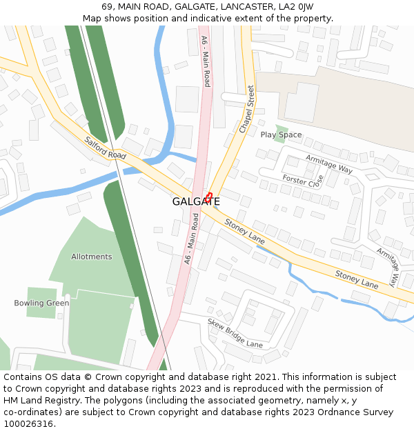 69, MAIN ROAD, GALGATE, LANCASTER, LA2 0JW: Location map and indicative extent of plot