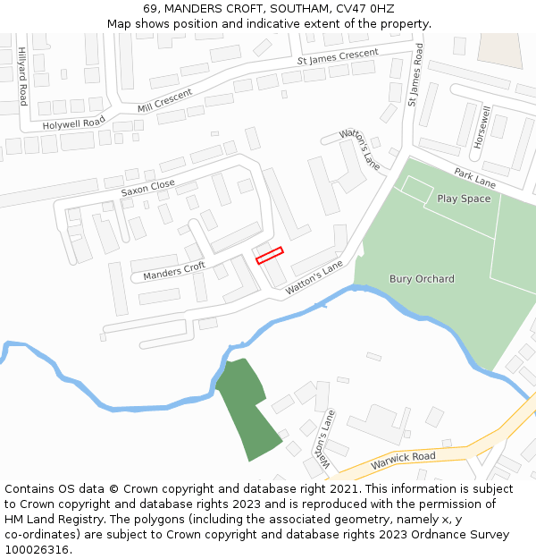 69, MANDERS CROFT, SOUTHAM, CV47 0HZ: Location map and indicative extent of plot