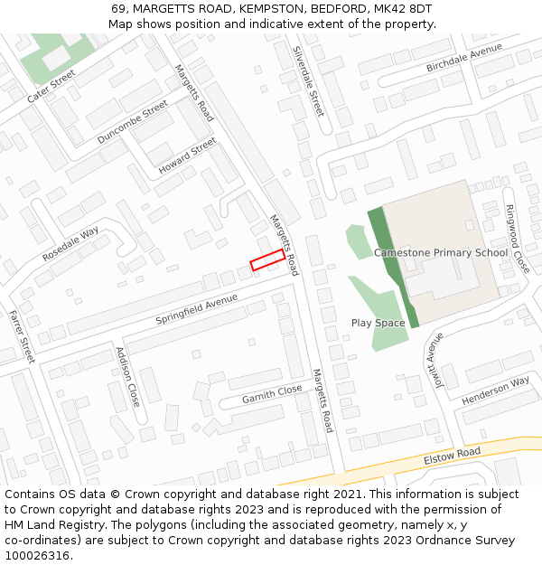 69, MARGETTS ROAD, KEMPSTON, BEDFORD, MK42 8DT: Location map and indicative extent of plot