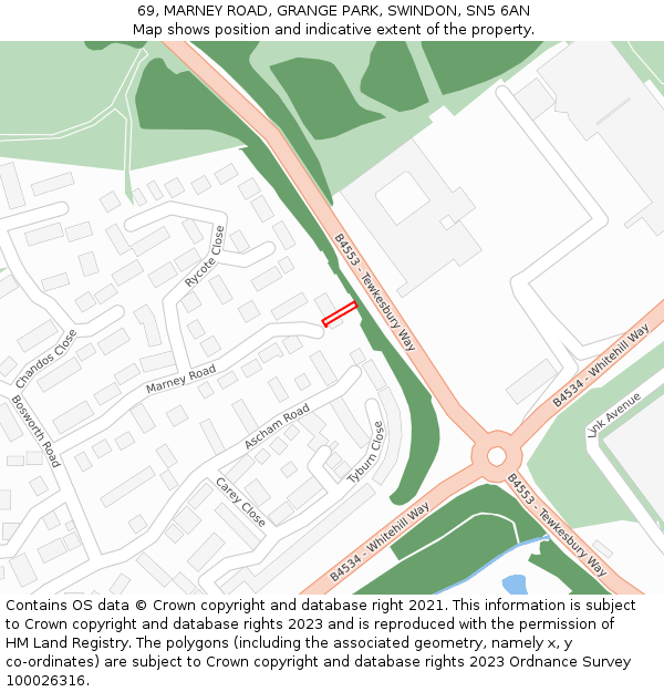 69, MARNEY ROAD, GRANGE PARK, SWINDON, SN5 6AN: Location map and indicative extent of plot