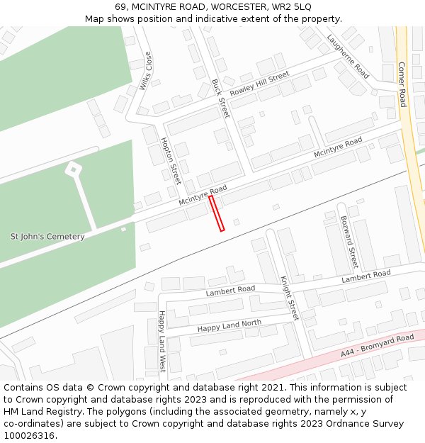 69, MCINTYRE ROAD, WORCESTER, WR2 5LQ: Location map and indicative extent of plot