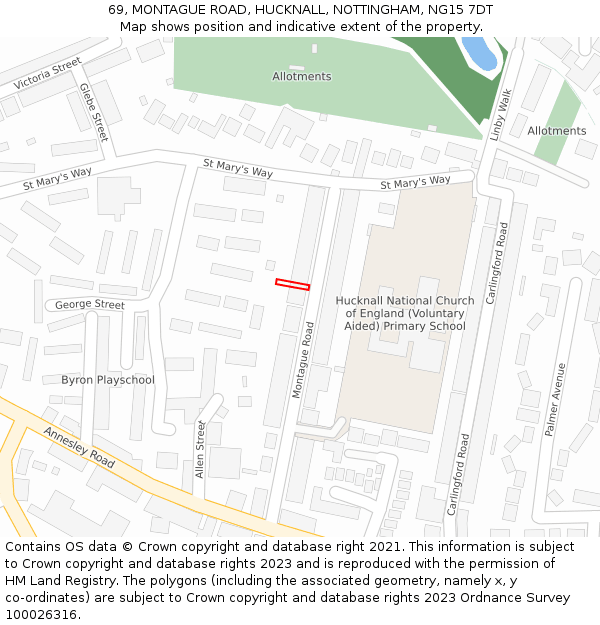 69, MONTAGUE ROAD, HUCKNALL, NOTTINGHAM, NG15 7DT: Location map and indicative extent of plot