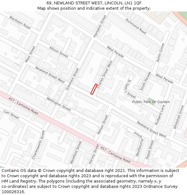 69, NEWLAND STREET WEST, LINCOLN, LN1 1QF: Location map and indicative extent of plot