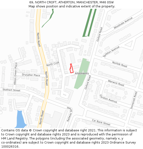 69, NORTH CROFT, ATHERTON, MANCHESTER, M46 0SW: Location map and indicative extent of plot