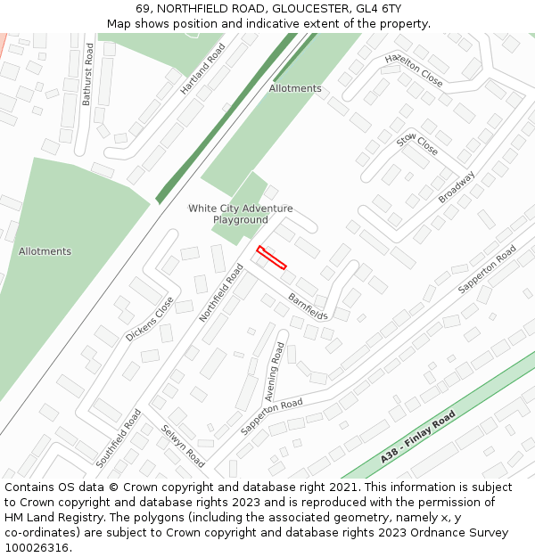 69, NORTHFIELD ROAD, GLOUCESTER, GL4 6TY: Location map and indicative extent of plot