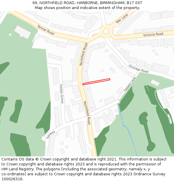 69, NORTHFIELD ROAD, HARBORNE, BIRMINGHAM, B17 0ST: Location map and indicative extent of plot