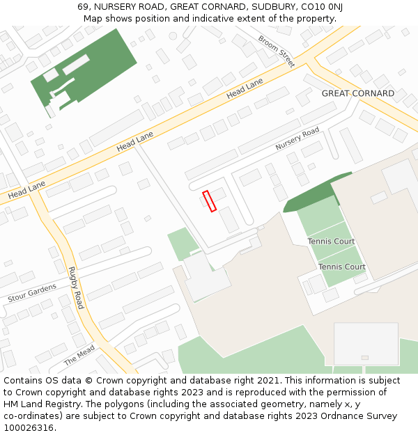 69, NURSERY ROAD, GREAT CORNARD, SUDBURY, CO10 0NJ: Location map and indicative extent of plot