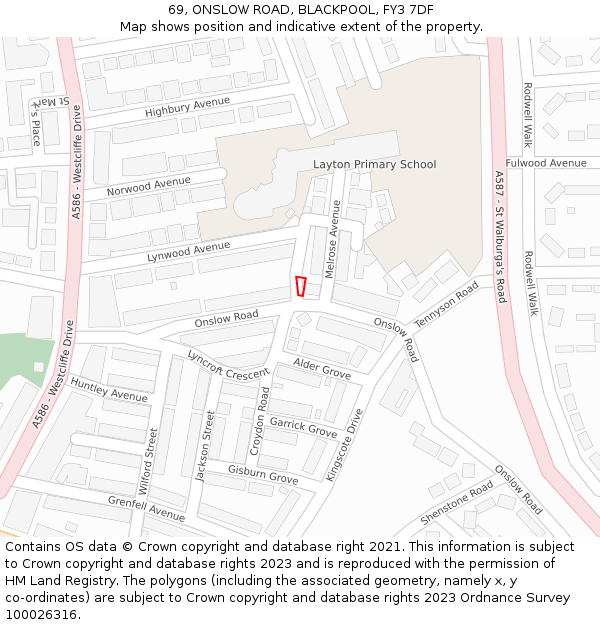 69, ONSLOW ROAD, BLACKPOOL, FY3 7DF: Location map and indicative extent of plot