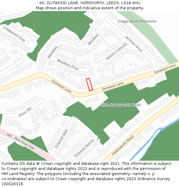 69, OUTWOOD LANE, HORSFORTH, LEEDS, LS18 4HU: Location map and indicative extent of plot