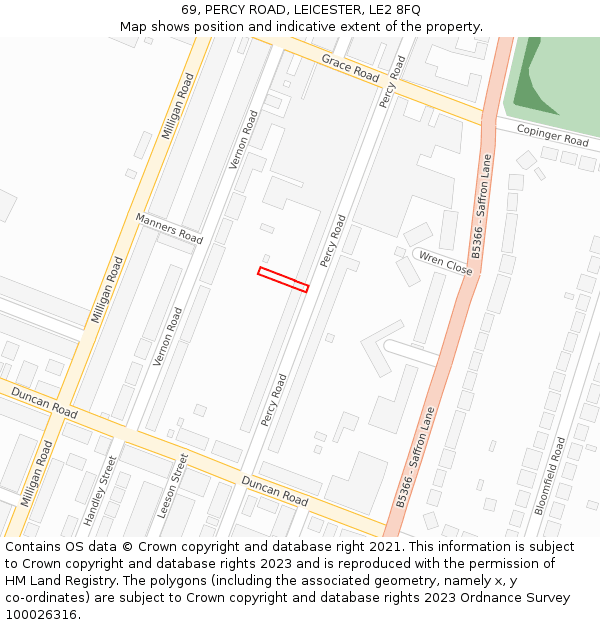 69, PERCY ROAD, LEICESTER, LE2 8FQ: Location map and indicative extent of plot