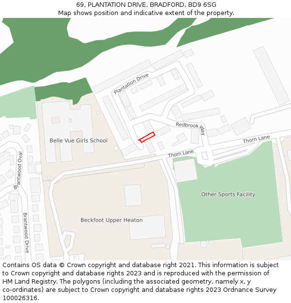 69, PLANTATION DRIVE, BRADFORD, BD9 6SG: Location map and indicative extent of plot