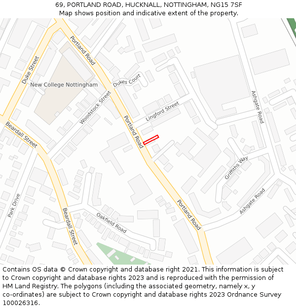 69, PORTLAND ROAD, HUCKNALL, NOTTINGHAM, NG15 7SF: Location map and indicative extent of plot