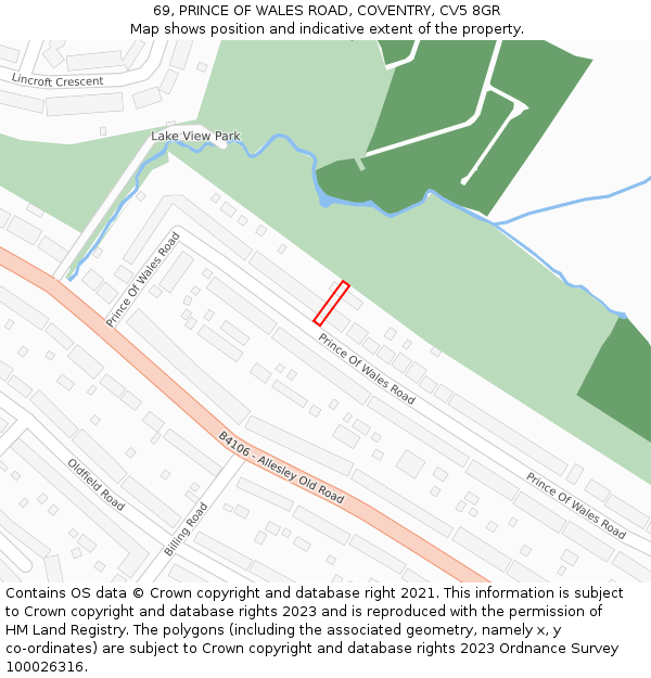 69, PRINCE OF WALES ROAD, COVENTRY, CV5 8GR: Location map and indicative extent of plot