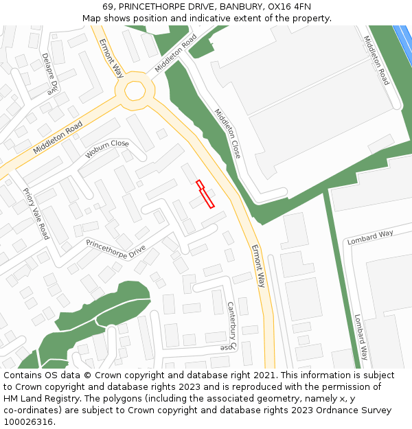 69, PRINCETHORPE DRIVE, BANBURY, OX16 4FN: Location map and indicative extent of plot