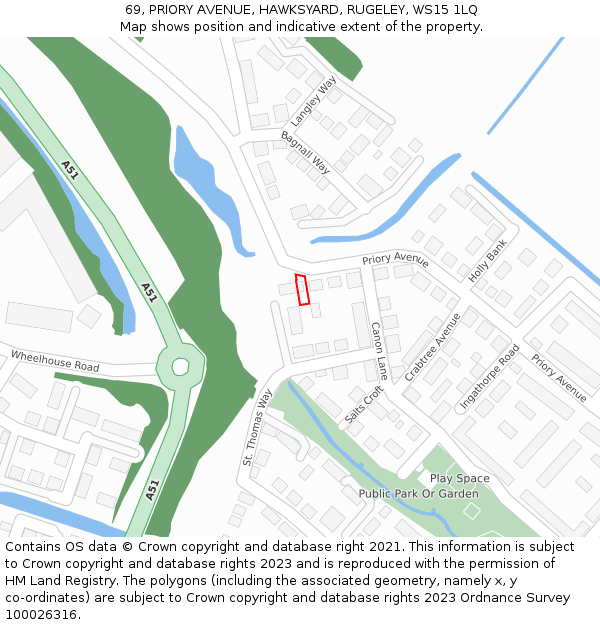 69, PRIORY AVENUE, HAWKSYARD, RUGELEY, WS15 1LQ: Location map and indicative extent of plot