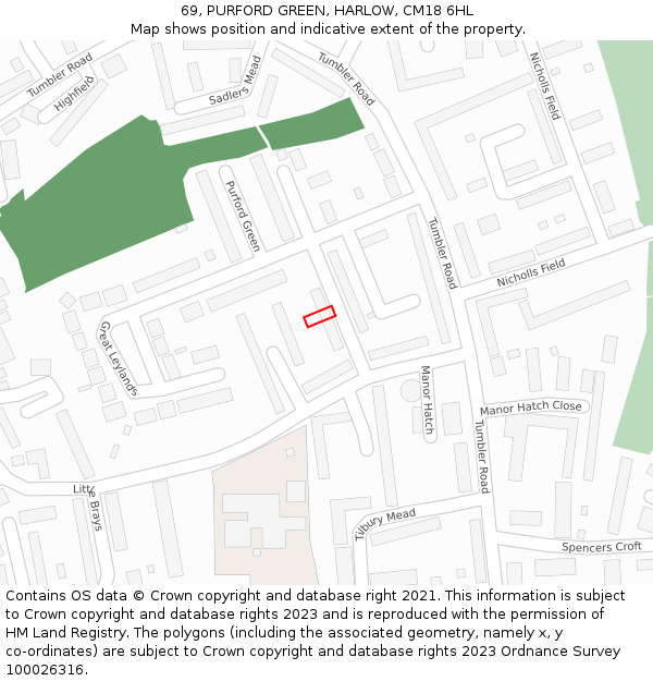 69, PURFORD GREEN, HARLOW, CM18 6HL: Location map and indicative extent of plot