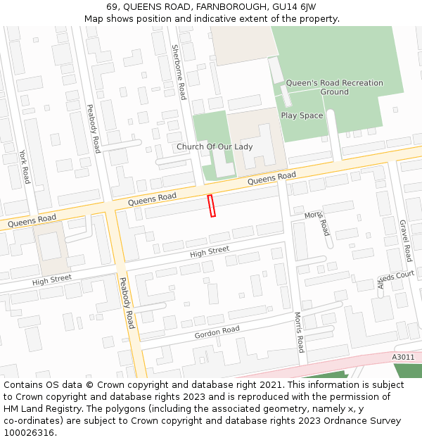 69, QUEENS ROAD, FARNBOROUGH, GU14 6JW: Location map and indicative extent of plot