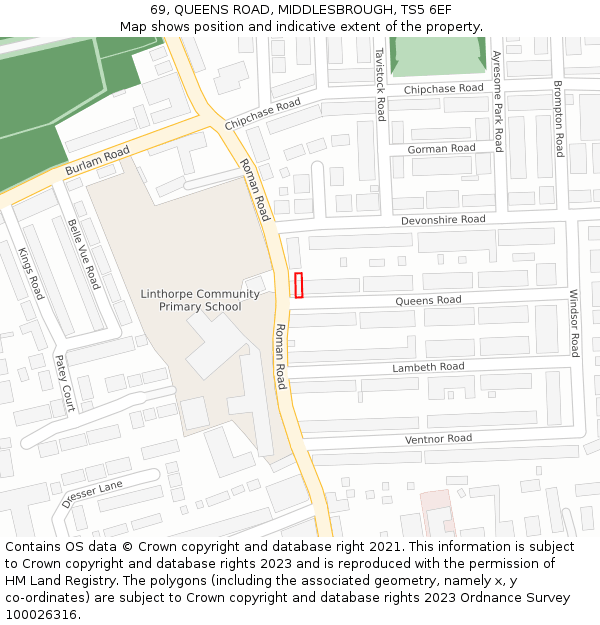 69, QUEENS ROAD, MIDDLESBROUGH, TS5 6EF: Location map and indicative extent of plot