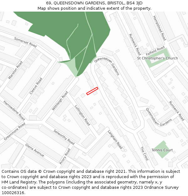 69, QUEENSDOWN GARDENS, BRISTOL, BS4 3JD: Location map and indicative extent of plot