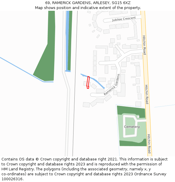 69, RAMERICK GARDENS, ARLESEY, SG15 6XZ: Location map and indicative extent of plot