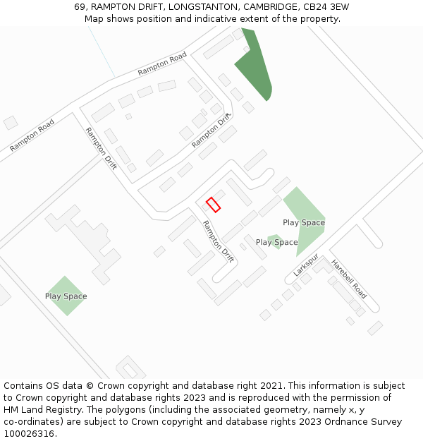 69, RAMPTON DRIFT, LONGSTANTON, CAMBRIDGE, CB24 3EW: Location map and indicative extent of plot