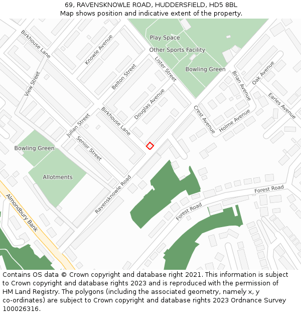 69, RAVENSKNOWLE ROAD, HUDDERSFIELD, HD5 8BL: Location map and indicative extent of plot