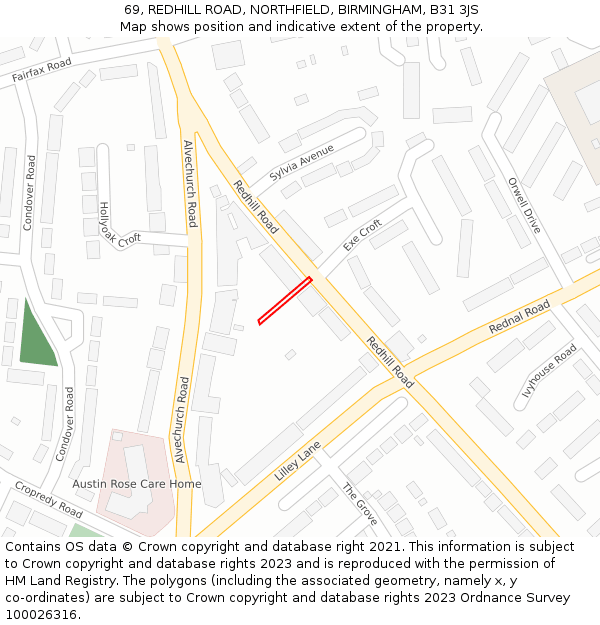 69, REDHILL ROAD, NORTHFIELD, BIRMINGHAM, B31 3JS: Location map and indicative extent of plot