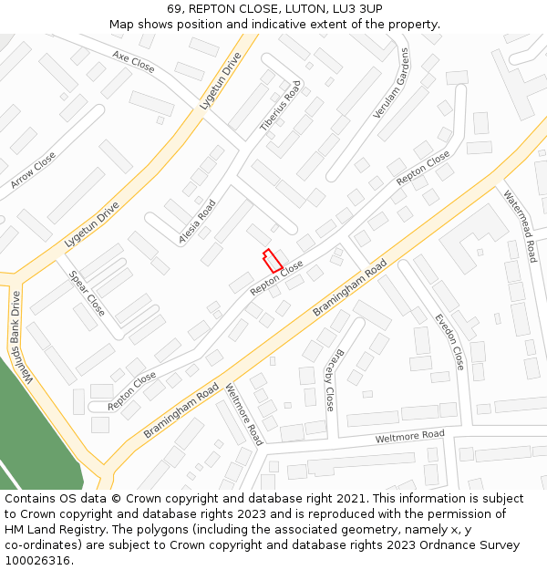 69, REPTON CLOSE, LUTON, LU3 3UP: Location map and indicative extent of plot