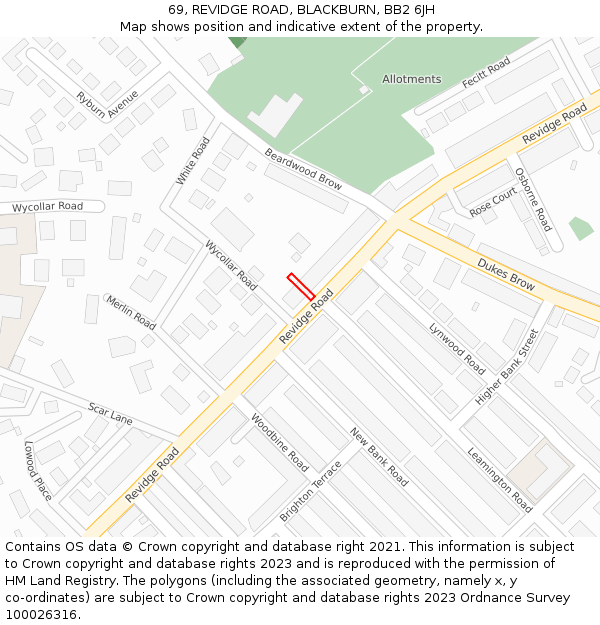 69, REVIDGE ROAD, BLACKBURN, BB2 6JH: Location map and indicative extent of plot