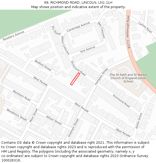 69, RICHMOND ROAD, LINCOLN, LN1 1LH: Location map and indicative extent of plot