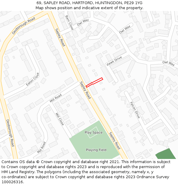 69, SAPLEY ROAD, HARTFORD, HUNTINGDON, PE29 1YG: Location map and indicative extent of plot