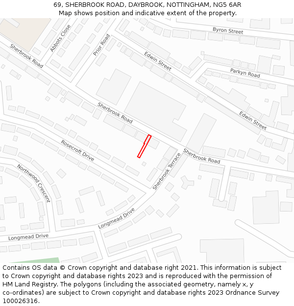 69, SHERBROOK ROAD, DAYBROOK, NOTTINGHAM, NG5 6AR: Location map and indicative extent of plot