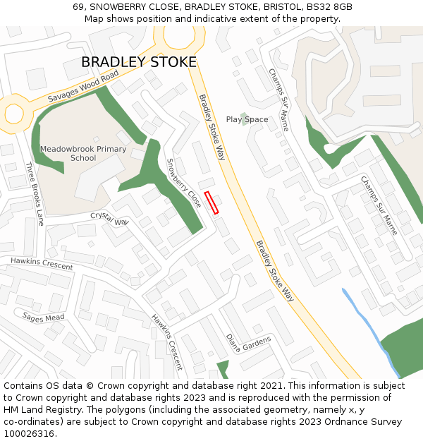 69, SNOWBERRY CLOSE, BRADLEY STOKE, BRISTOL, BS32 8GB: Location map and indicative extent of plot