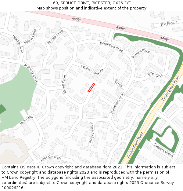 69, SPRUCE DRIVE, BICESTER, OX26 3YF: Location map and indicative extent of plot