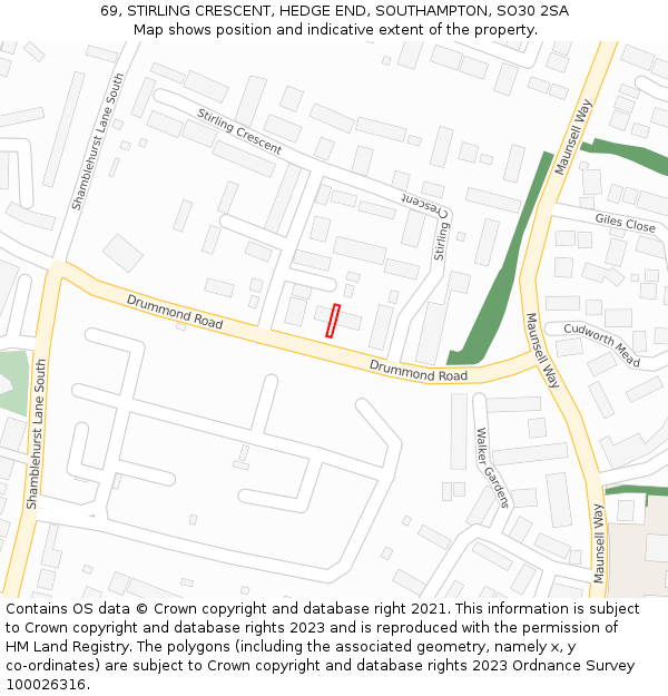 69, STIRLING CRESCENT, HEDGE END, SOUTHAMPTON, SO30 2SA: Location map and indicative extent of plot