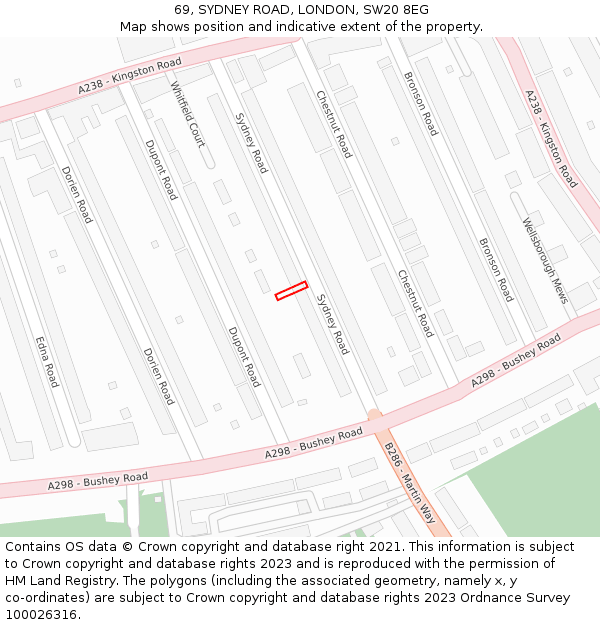 69, SYDNEY ROAD, LONDON, SW20 8EG: Location map and indicative extent of plot