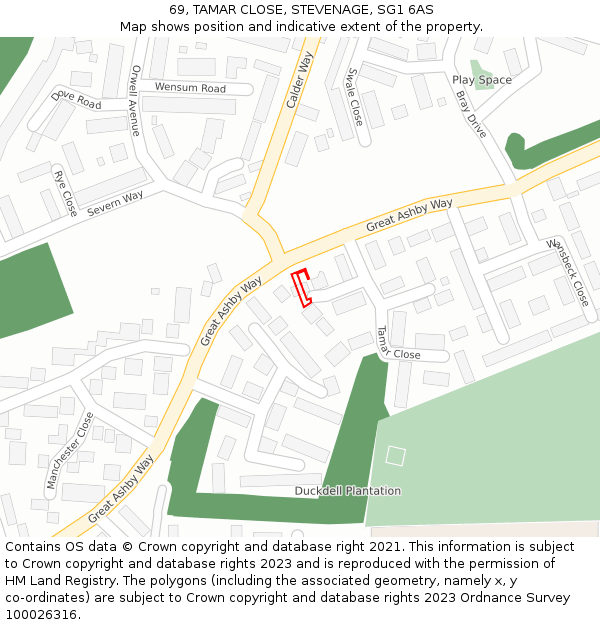 69, TAMAR CLOSE, STEVENAGE, SG1 6AS: Location map and indicative extent of plot
