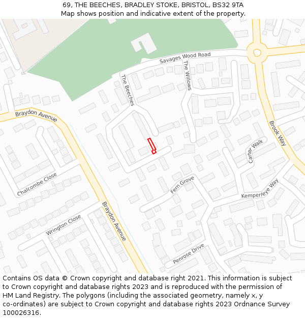 69, THE BEECHES, BRADLEY STOKE, BRISTOL, BS32 9TA: Location map and indicative extent of plot