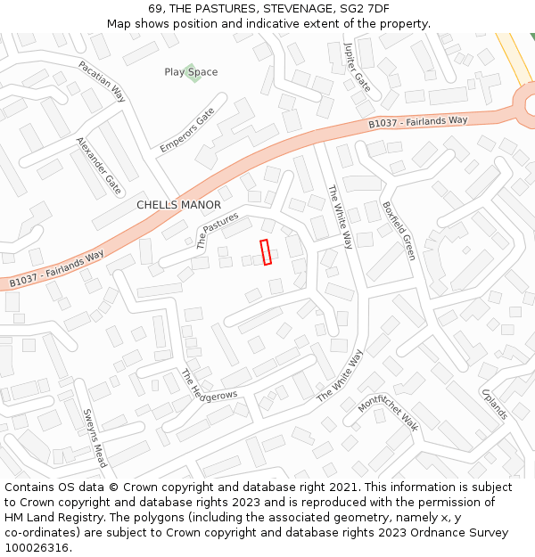 69, THE PASTURES, STEVENAGE, SG2 7DF: Location map and indicative extent of plot