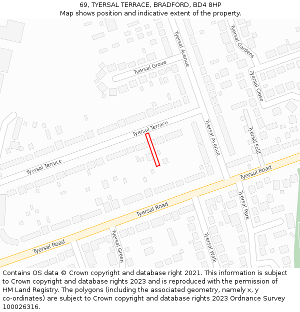 69, TYERSAL TERRACE, BRADFORD, BD4 8HP: Location map and indicative extent of plot
