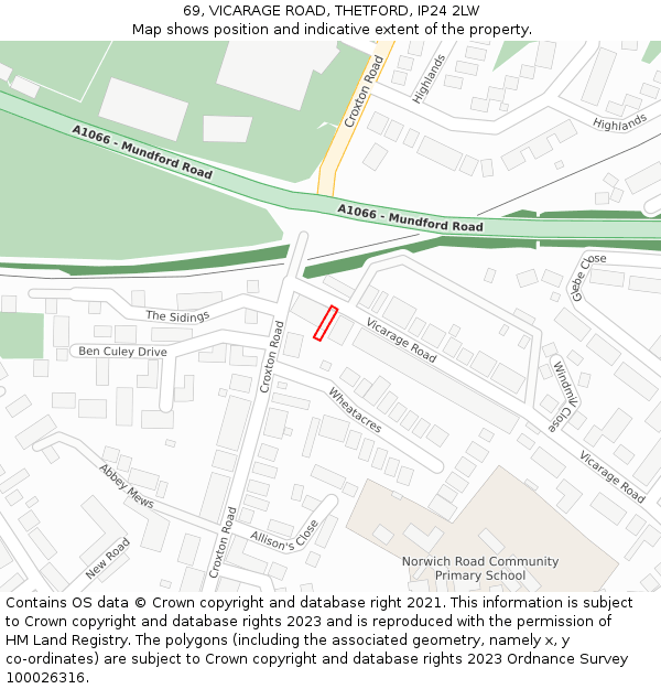 69, VICARAGE ROAD, THETFORD, IP24 2LW: Location map and indicative extent of plot