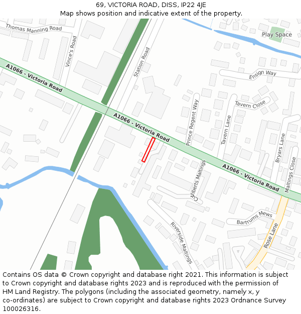 69, VICTORIA ROAD, DISS, IP22 4JE: Location map and indicative extent of plot
