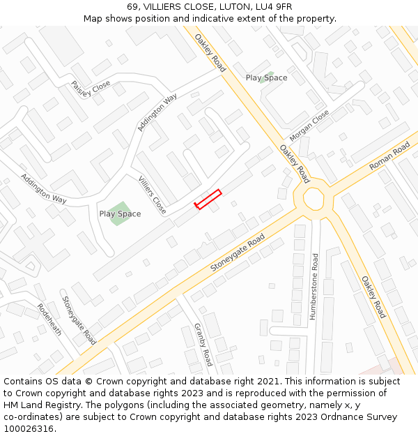 69, VILLIERS CLOSE, LUTON, LU4 9FR: Location map and indicative extent of plot